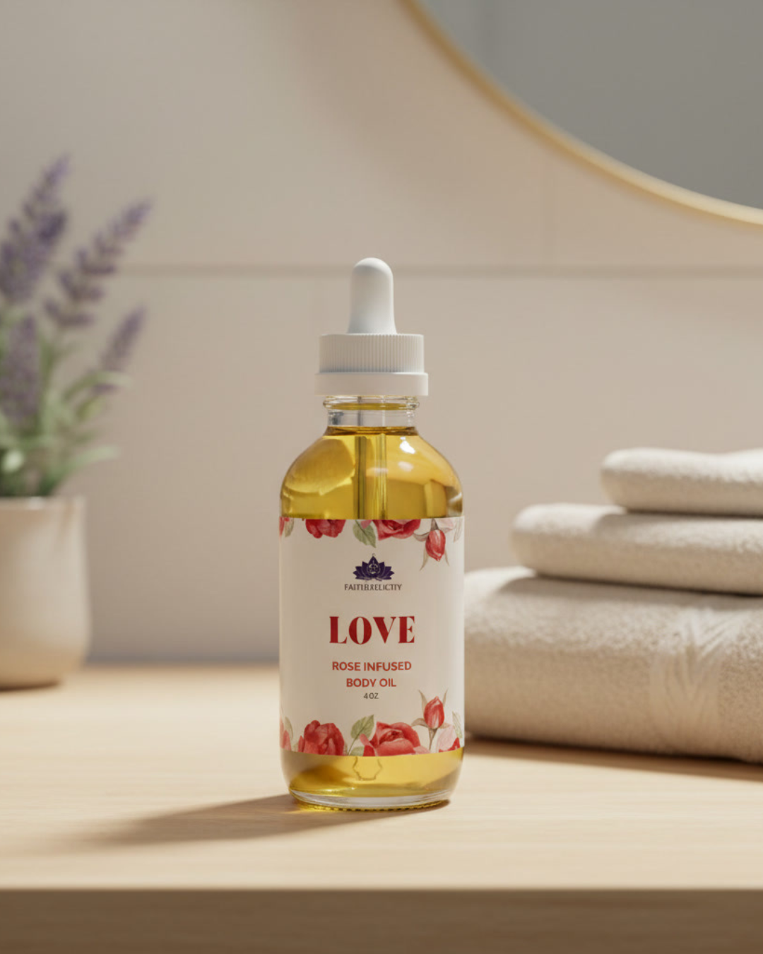 Bottle of 'LOVE' rose-infused body oil with a pink rose and crystal on a textured surface Faith2Felicity