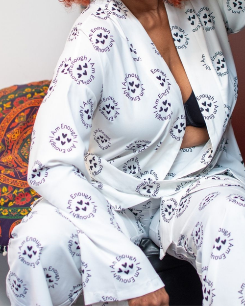 I Am Enough Lounge Set | Kimono Cardigan & High-Waist Affirmation Pants - White