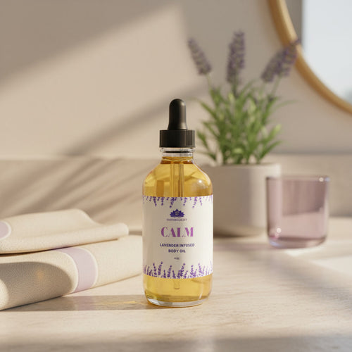 Bottle of Calm lavender-infused body oil on a bathroom counter with towels and a plant in the background.